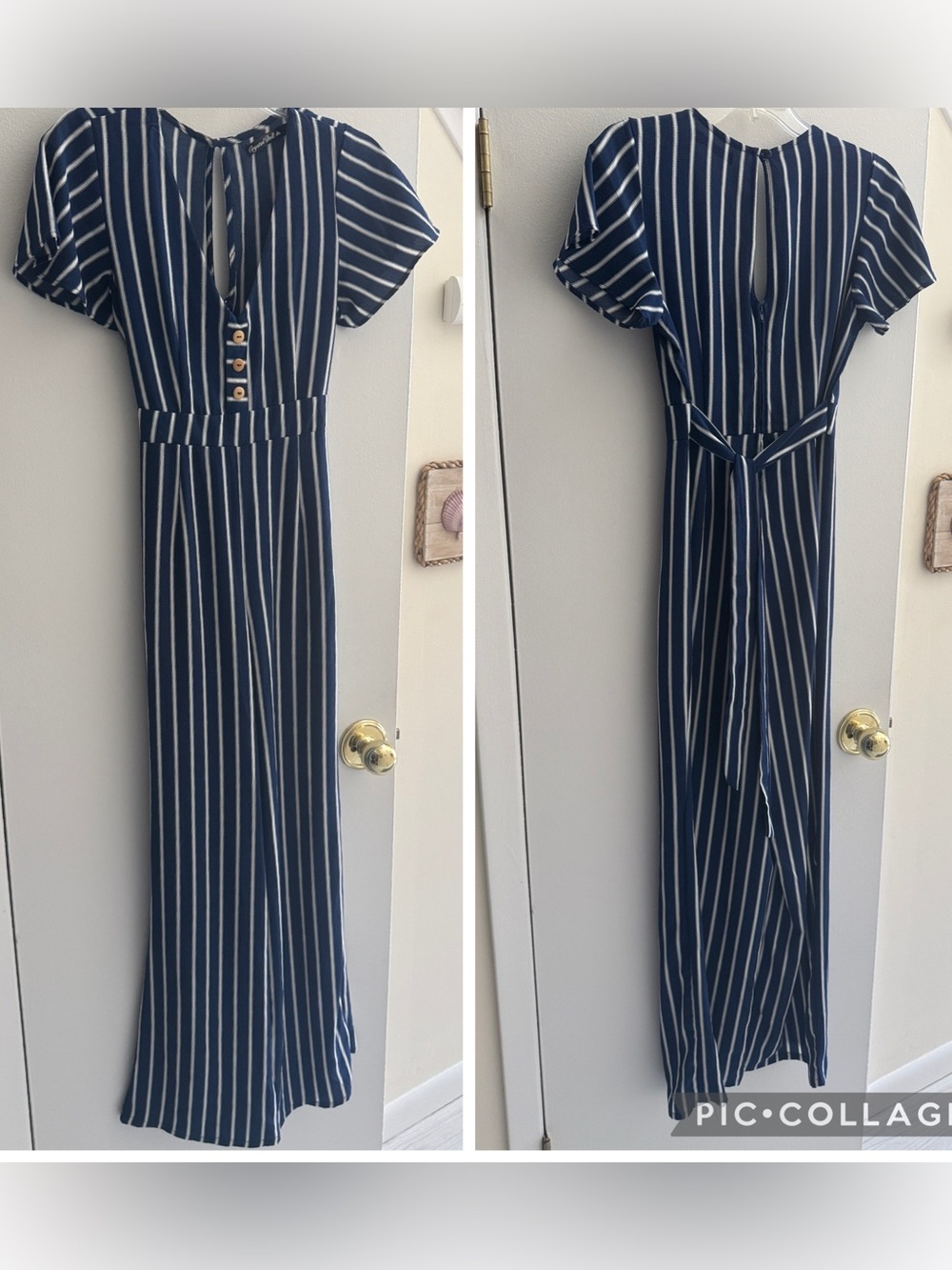 Crystal Doll Blue and White Smocked Jumpsuit